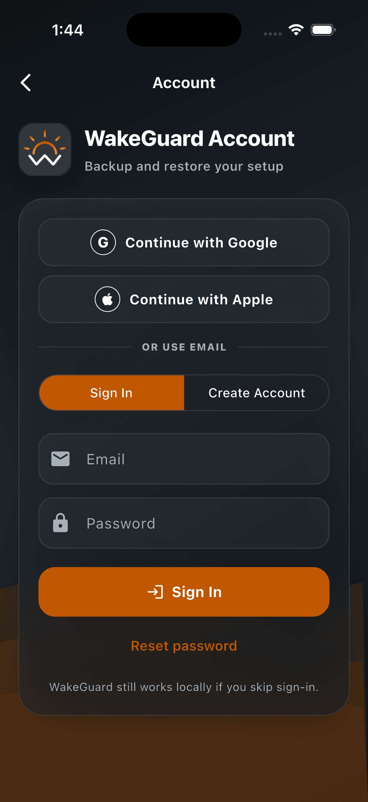WakeGuard account screen showing sign in options for Google, Apple, and email.